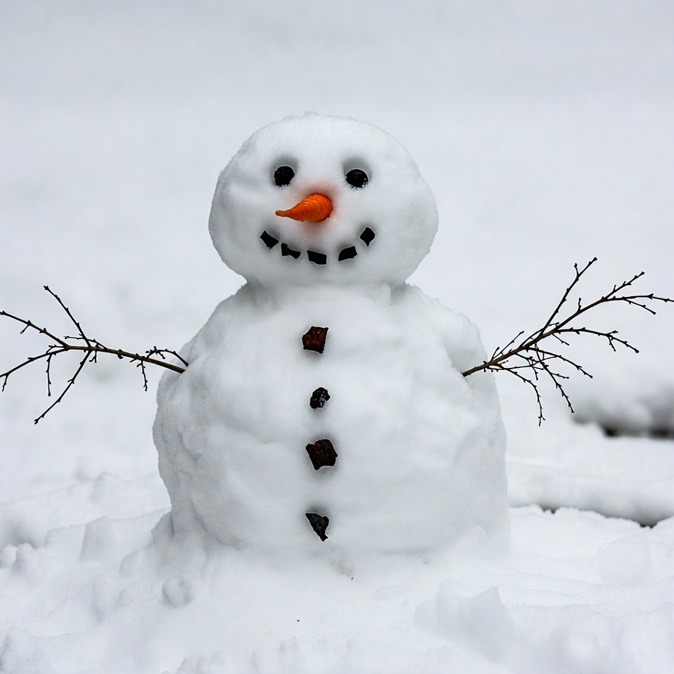 Snowman in winter yard with sticks Snowman in winter yard with sticks