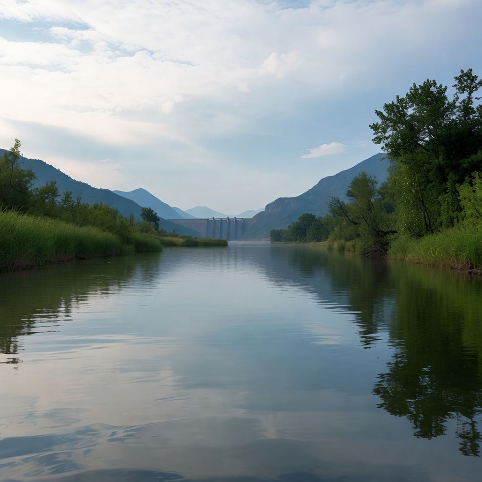Calm river flows beneath mountains Calm river flows beneath mountains