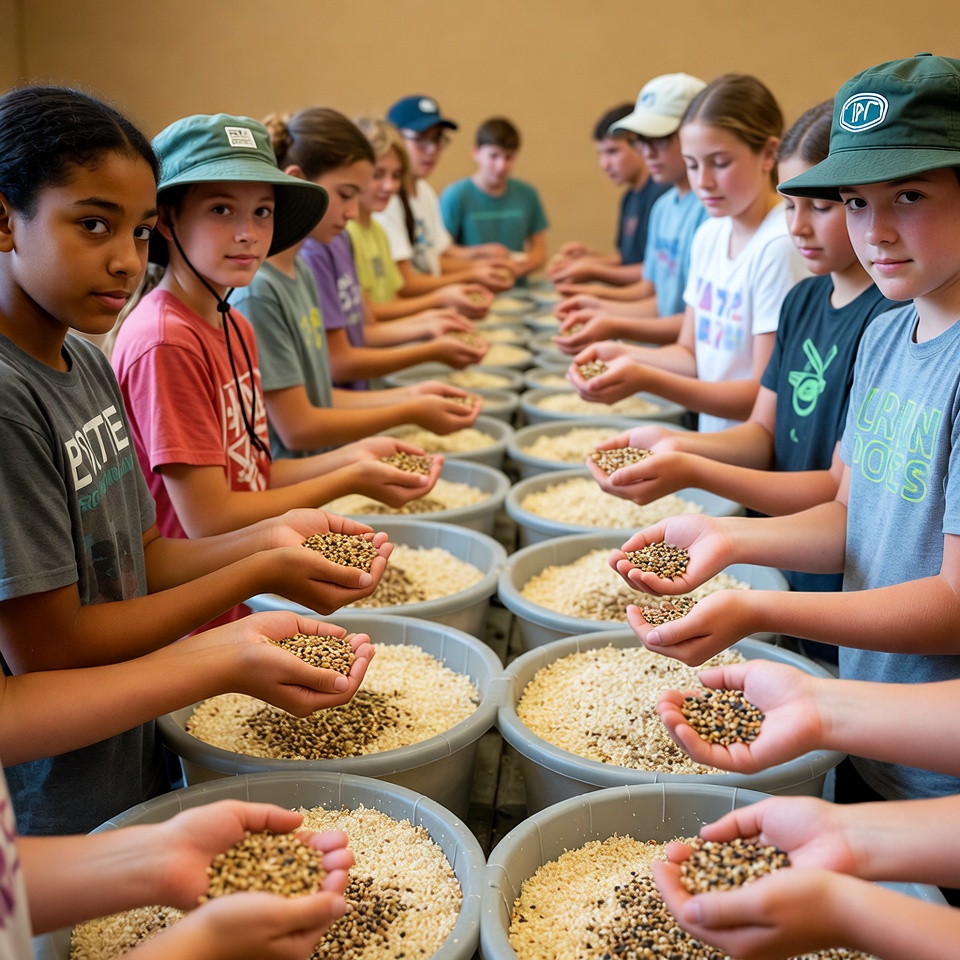 Youths sorting grains in workshop Youths sorting grains in workshop