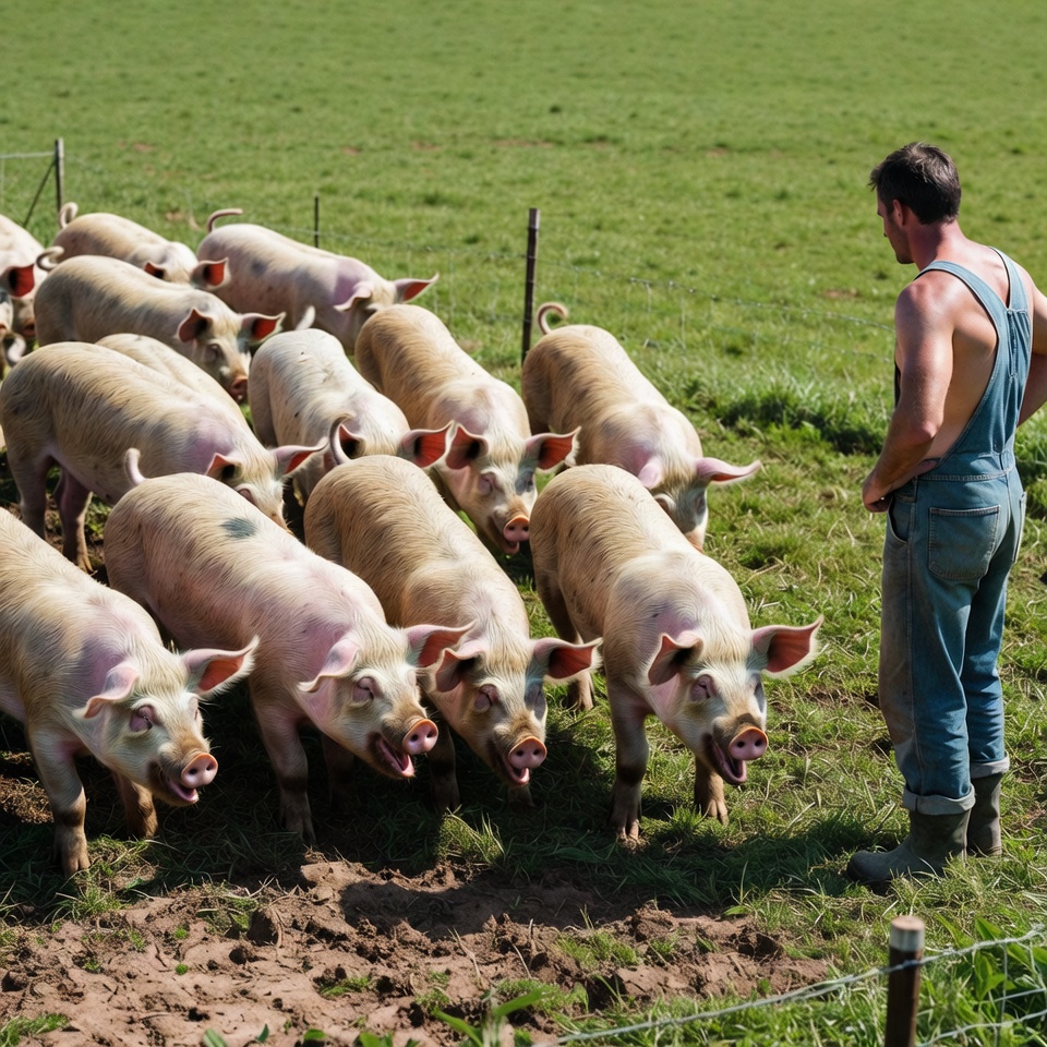 Farmer cares for pigs in green field Farmer cares for pigs in green field