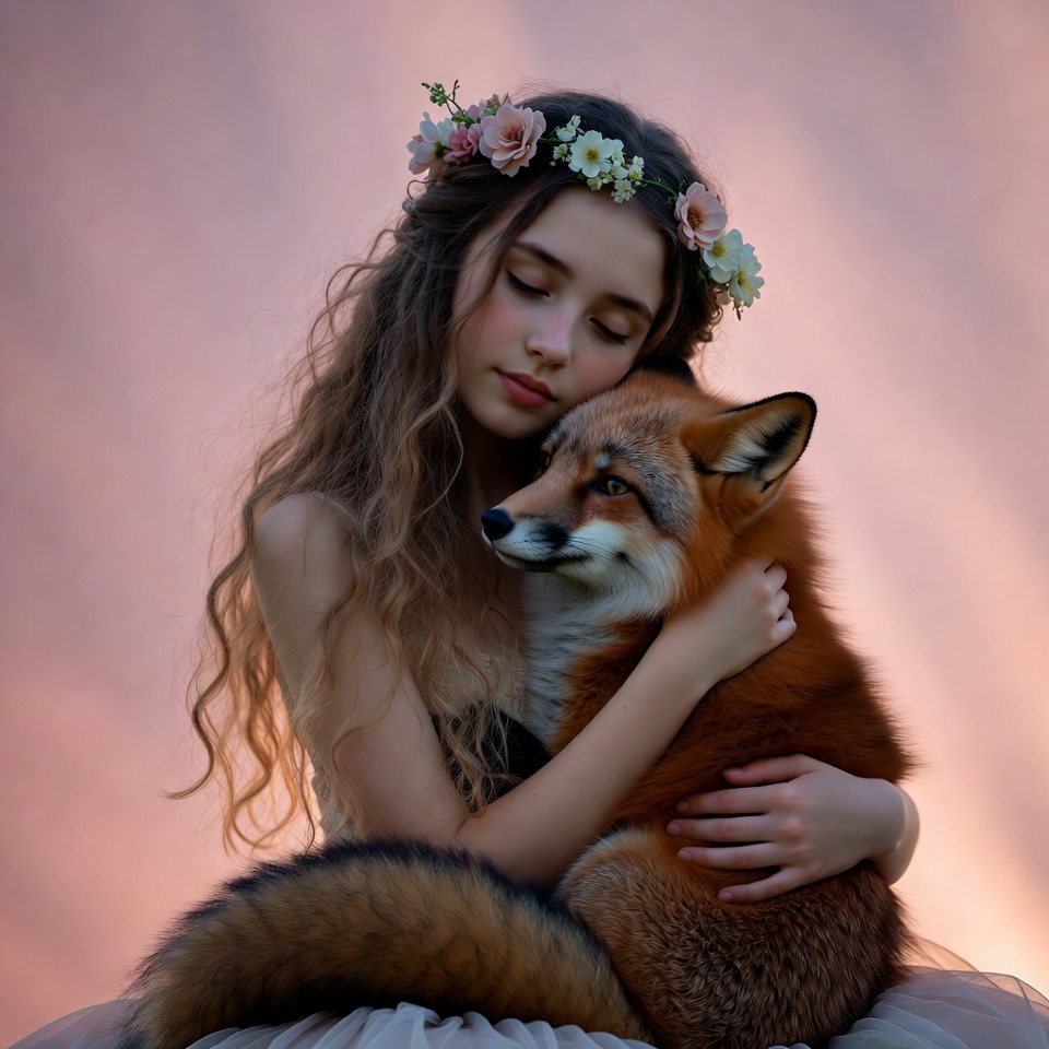 Girl hugs fox at sunset Girl hugs fox at sunset