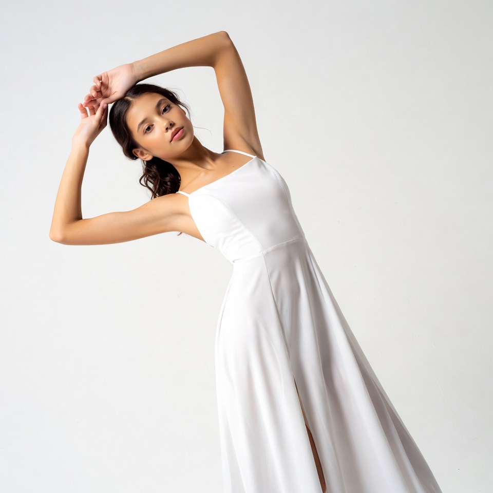 Model in white dress posing gracefully indoors Model in white dress posing gracefully indoors