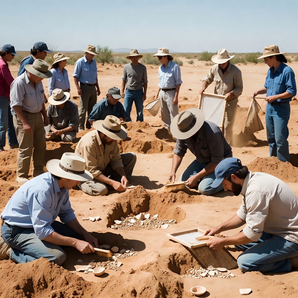 Workers dig for artifacts at excavation site Workers dig for artifacts at excavation site