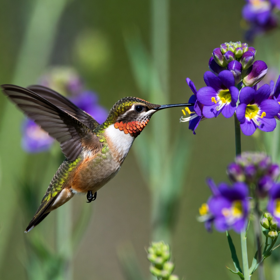 Hummingbird visits purple flowers in spring Hummingbird visits purple flowers in spring