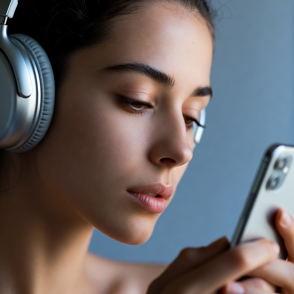 Woman wearing headphones and using smartphone Woman wearing headphones and using smartphone