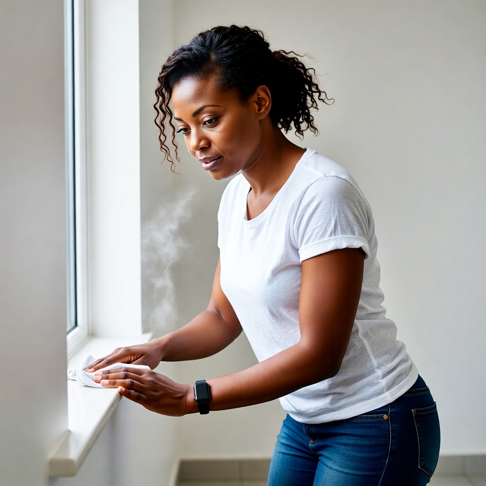 Woman cleaning window in bright room Woman cleaning window in bright room