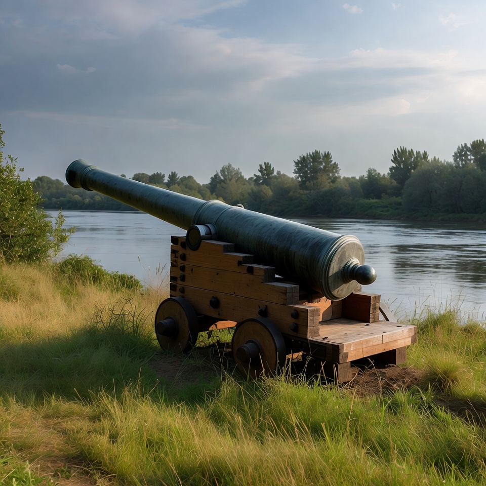 Old cannon by riverbank in afternoon Old cannon by riverbank in afternoon