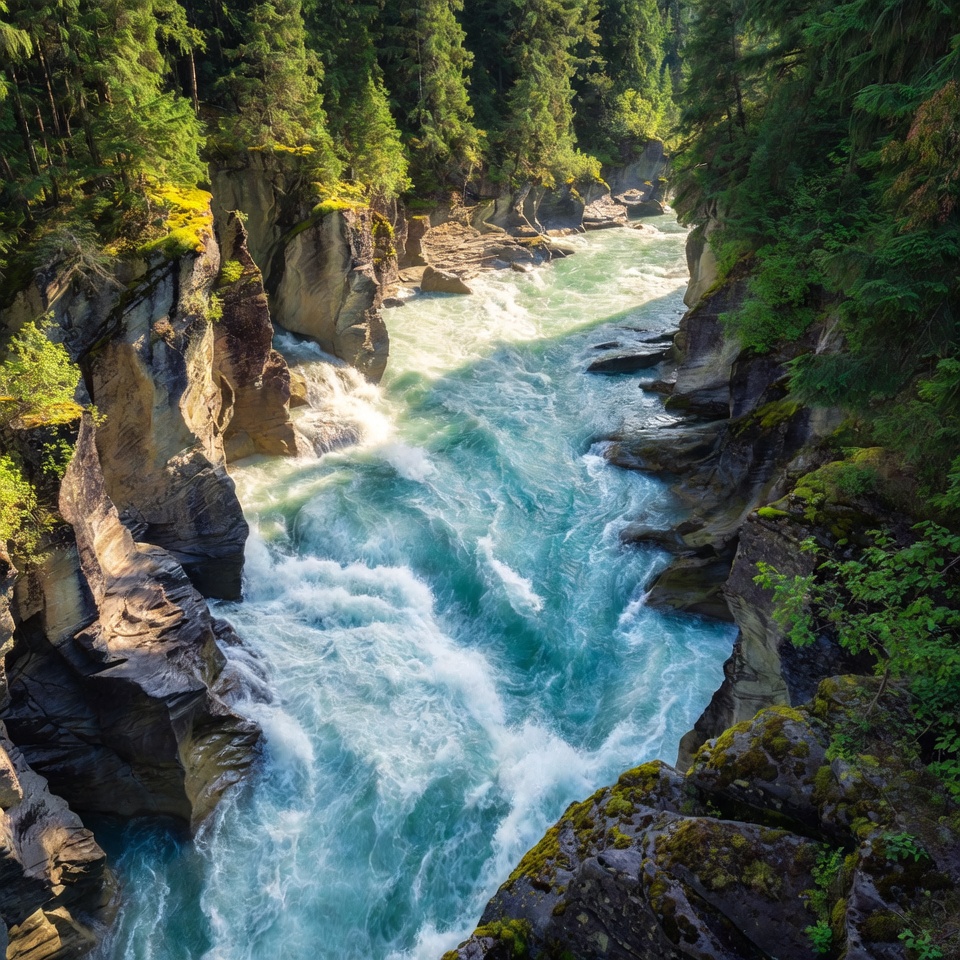 River flows through canyon with trees River flows through canyon with trees