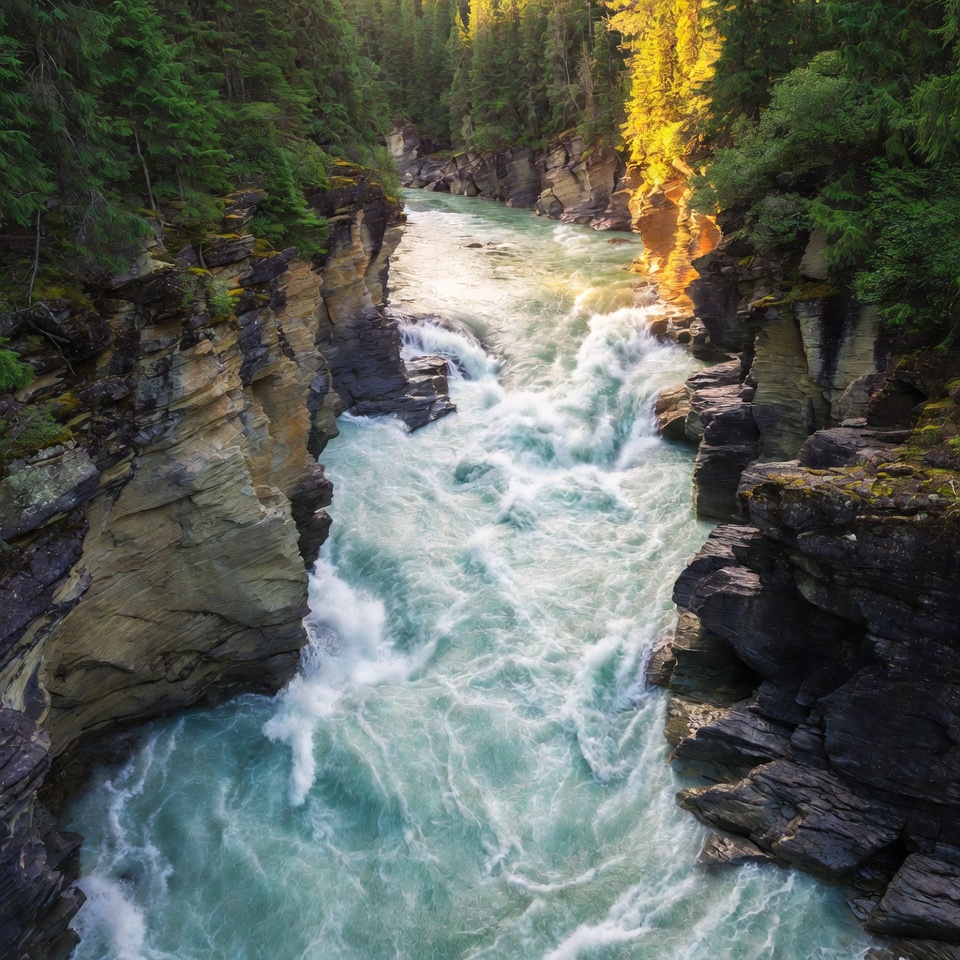 Fast river flows through rocky canyon Fast river flows through rocky canyon
