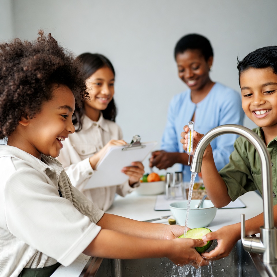 Kids learn to wash vegetables with guidance Kids learn to wash vegetables with guidance