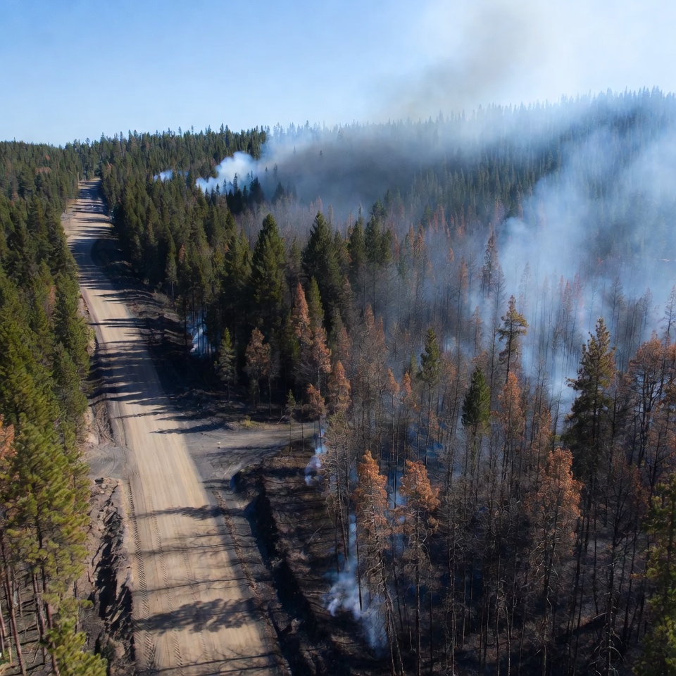 Forest fire near dirt road site Forest fire near dirt road site