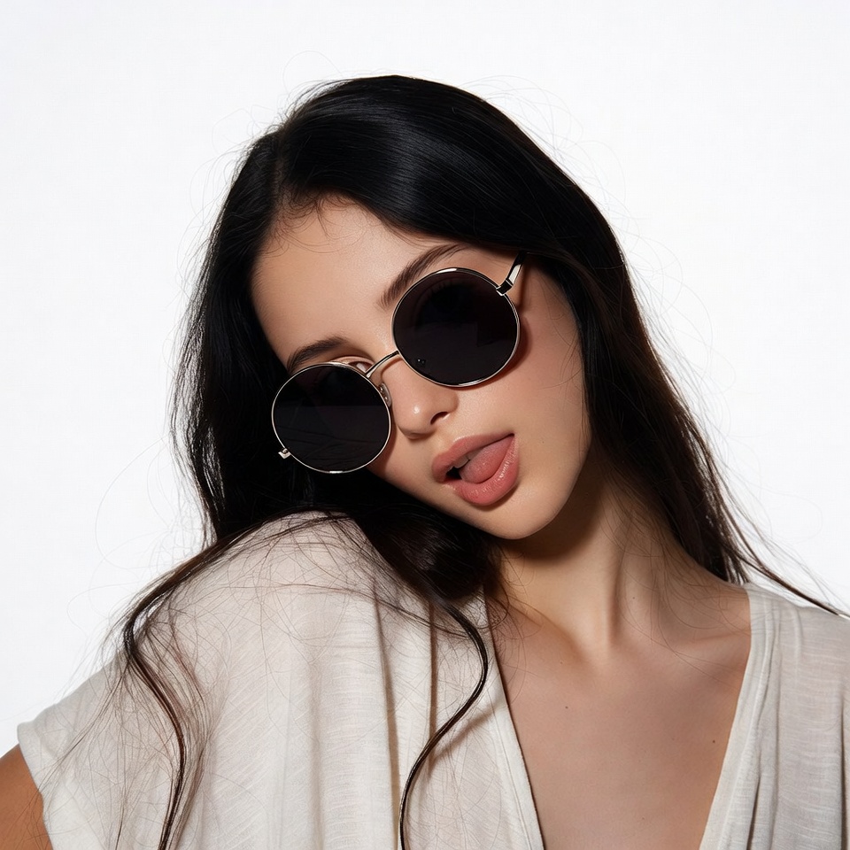 Model poses with sunglasses indoors Model poses with sunglasses indoors