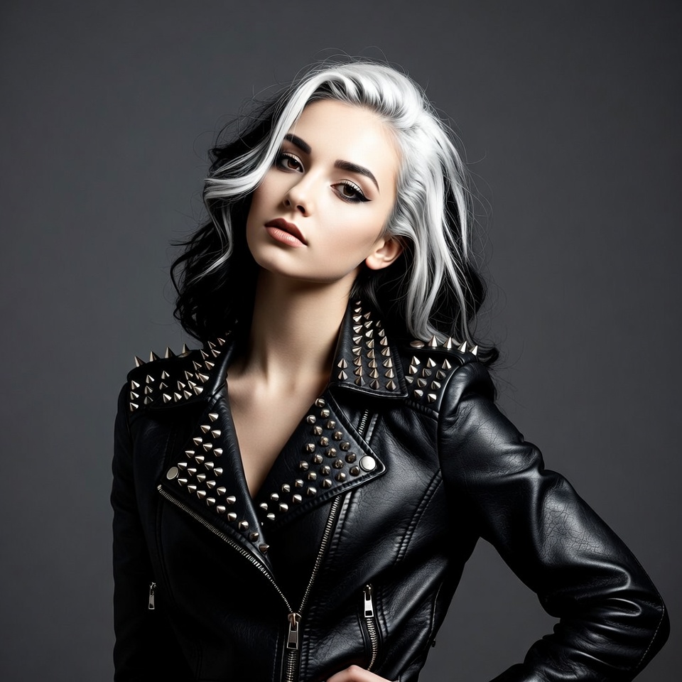 Woman in leather jacket with gray hair Woman in leather jacket with gray hair