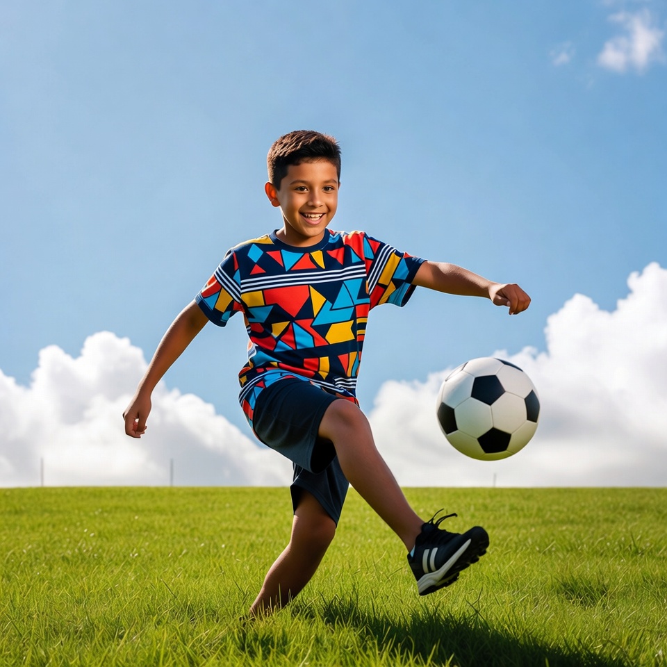 Child kicks soccer ball on green grass Child kicks soccer ball on green grass