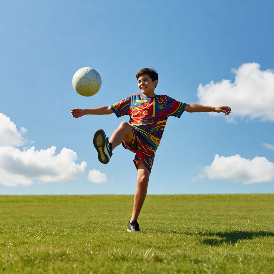 Boy plays soccer on grassy field Boy plays soccer on grassy field