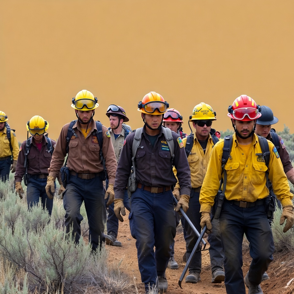 Firefighters walk through desert area Firefighters walk through desert area