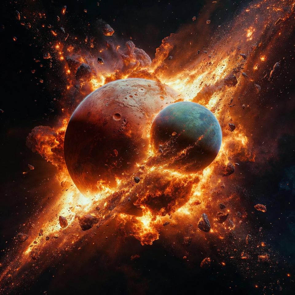 Planets collide in space explosion Planets collide in space explosion
