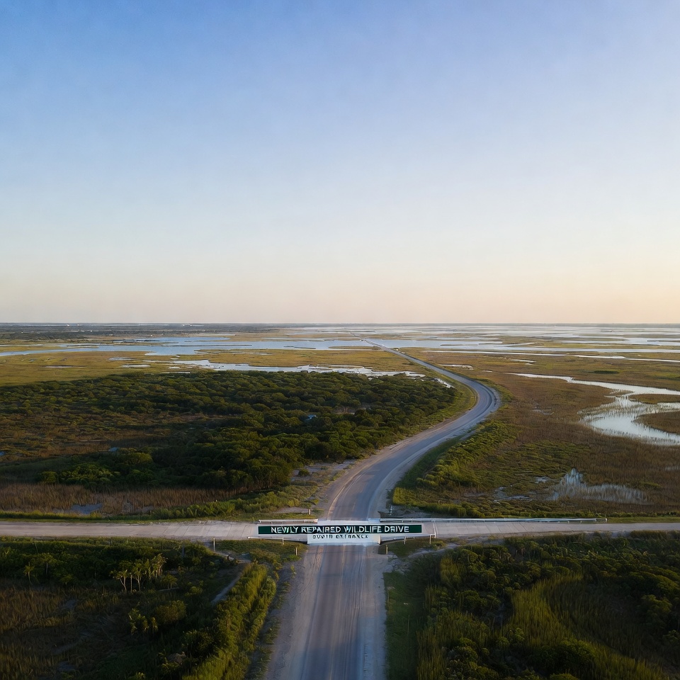 Road in a wetland area at sunset Road in a wetland area at sunset