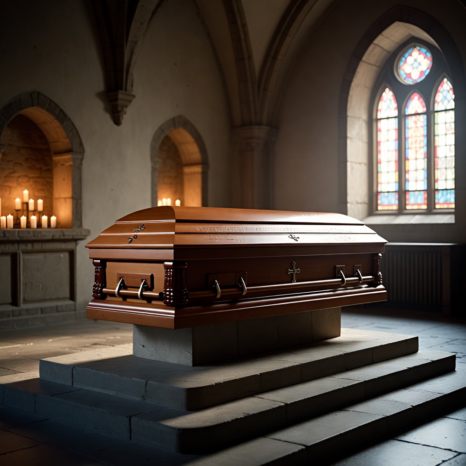 Coffin in a dimly lit chapel Coffin in a dimly lit chapel