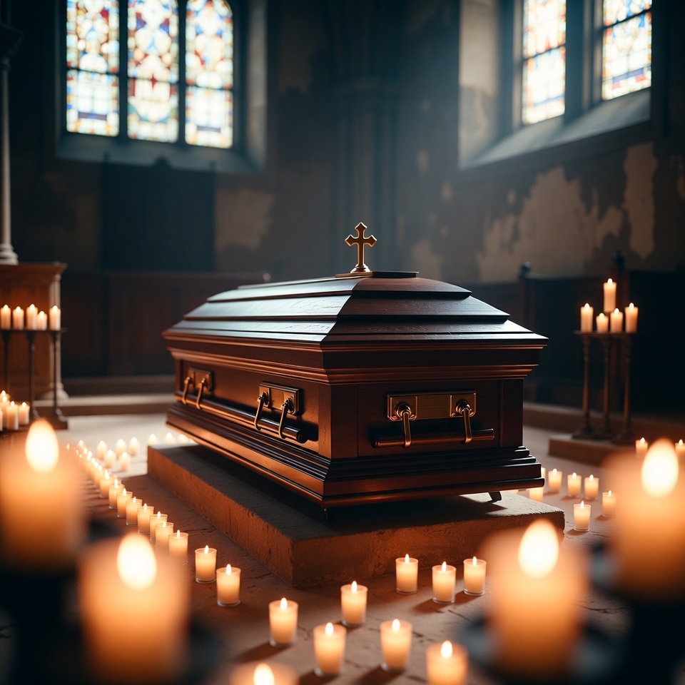 Candlelight surrounds a wooden coffin Candlelight surrounds a wooden coffin
