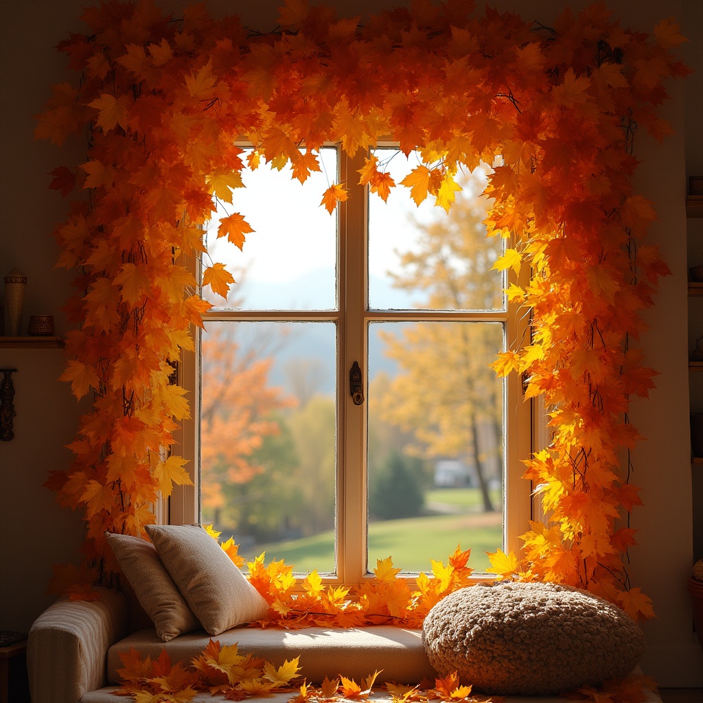 Cozy window with fall leaves decor Cozy window with fall leaves decor
