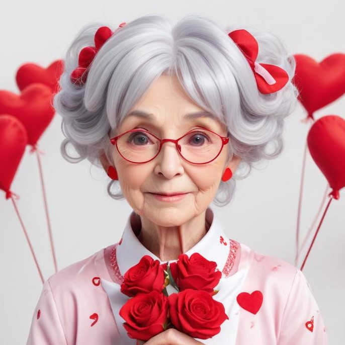 Elderly woman holding roses and hearts Elderly woman holding roses and hearts