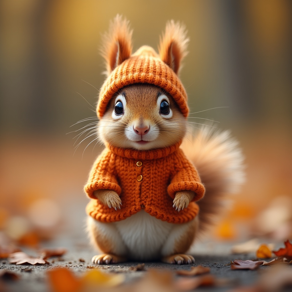 Squirrel in orange sweater outdoors Squirrel in orange sweater outdoors