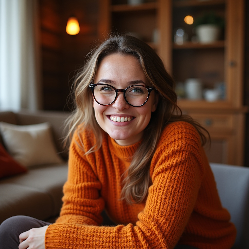 Smiling woman in cozy setting Smiling woman in cozy setting