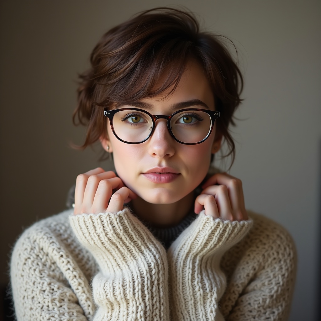 Young woman in cozy sweater poses indoors Young woman in cozy sweater poses indoors