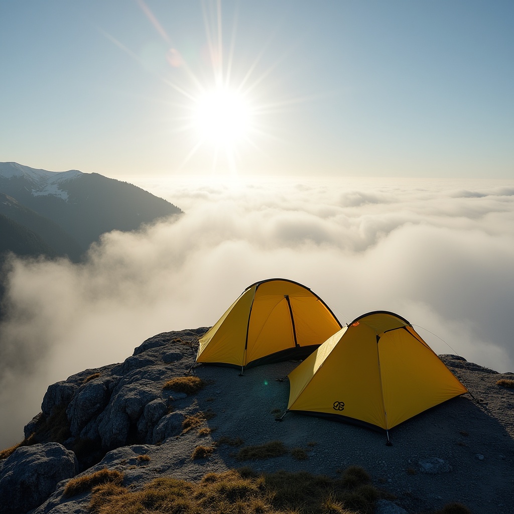 Tents on mountain peak at sunrise Tents on mountain peak at sunrise