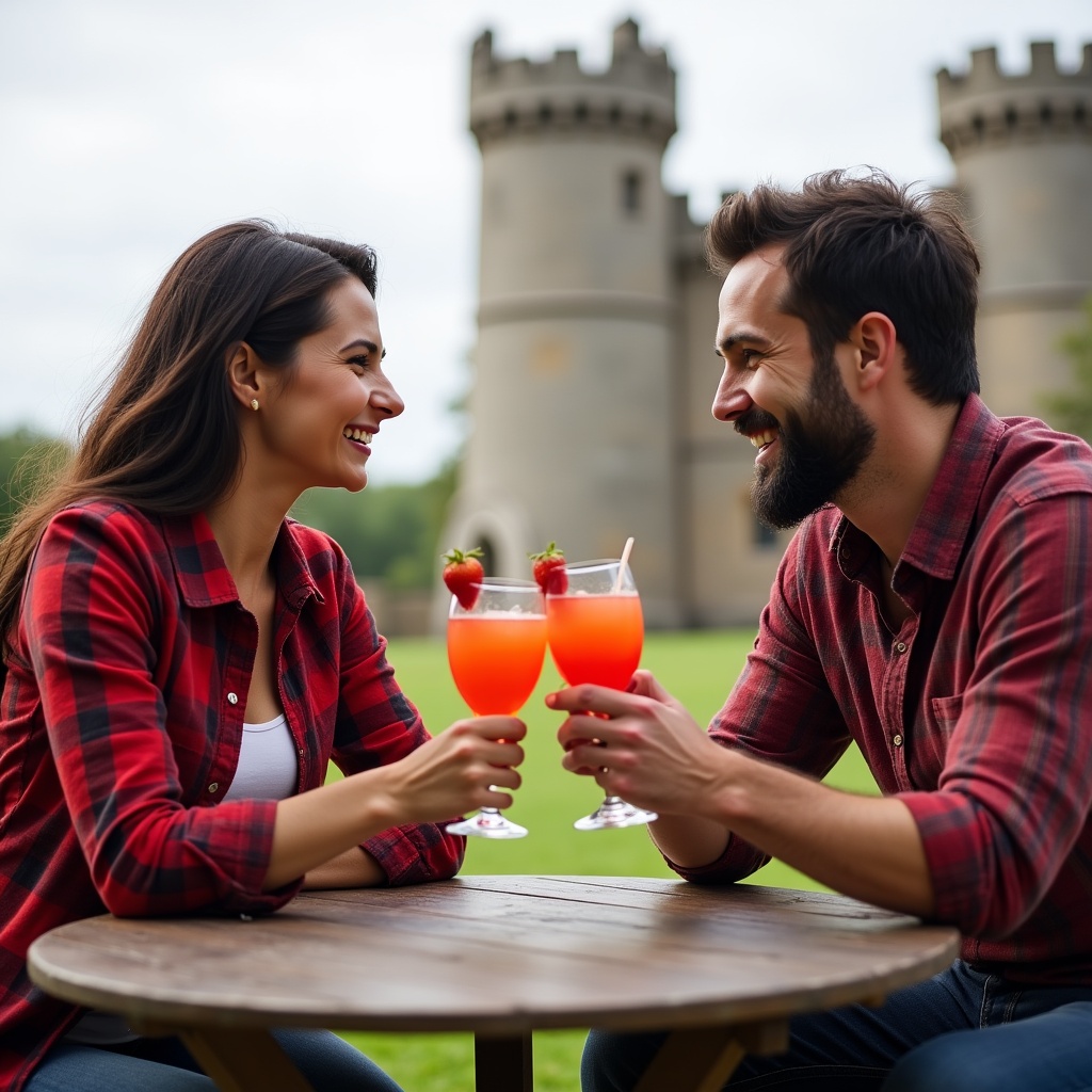 Couple enjoys drinks by castle Couple enjoys drinks by castle