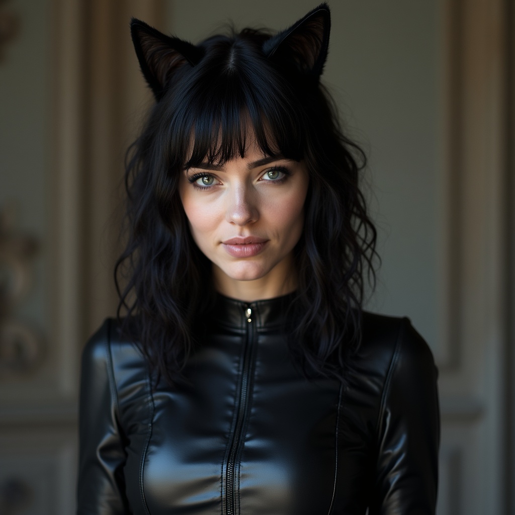 Woman in cat ears outfit posing indoors Woman in cat ears outfit posing indoors