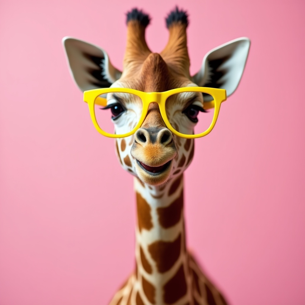 Giraffe with glasses against pink backdrop Giraffe with glasses against pink backdrop