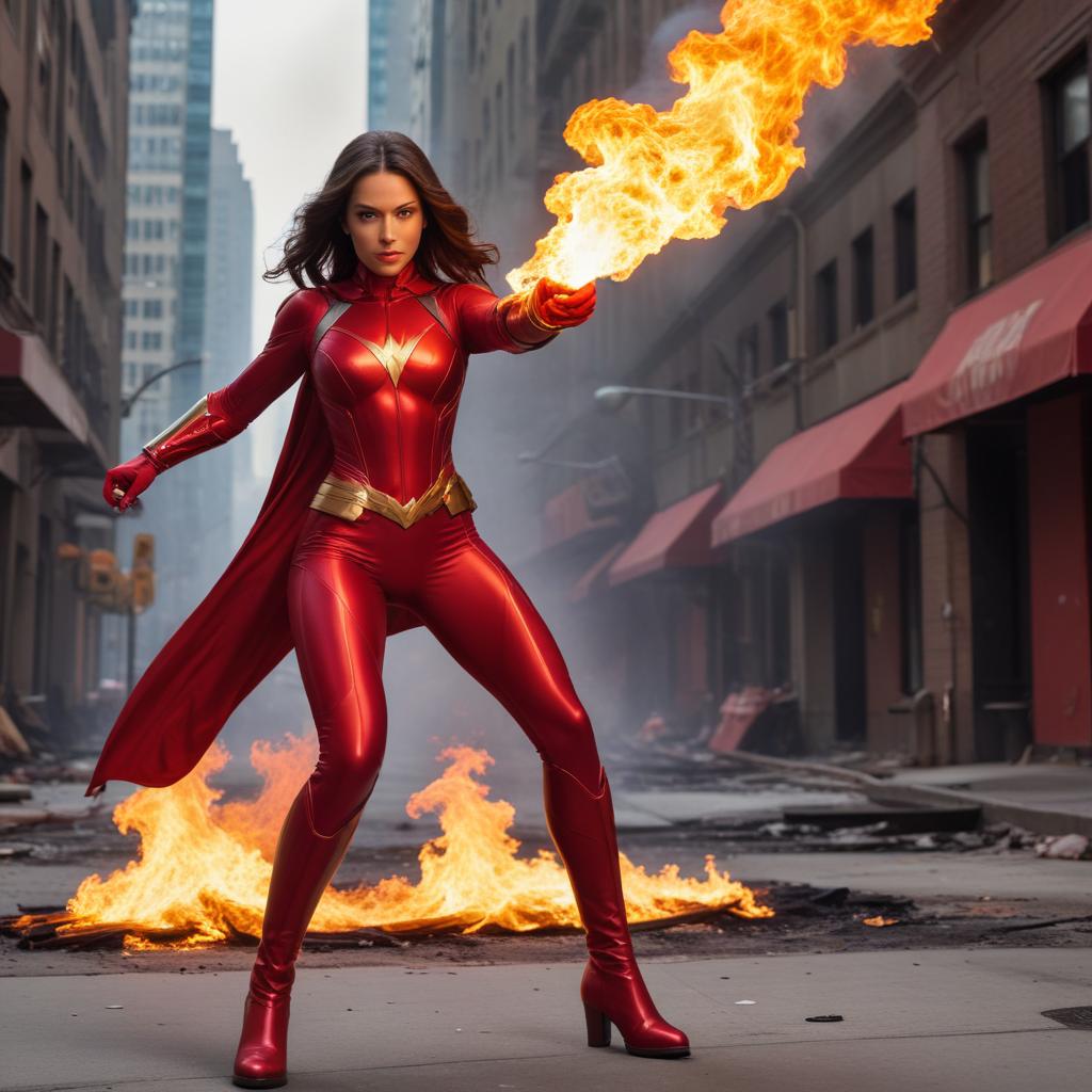 Red superhero stands in fire Red superhero stands in fire