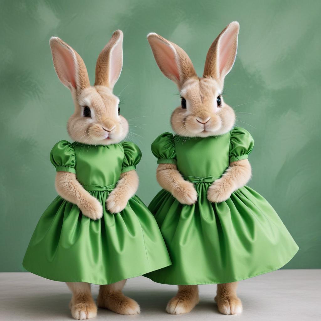 Rabbits in green dresses stand together Rabbits in green dresses stand together