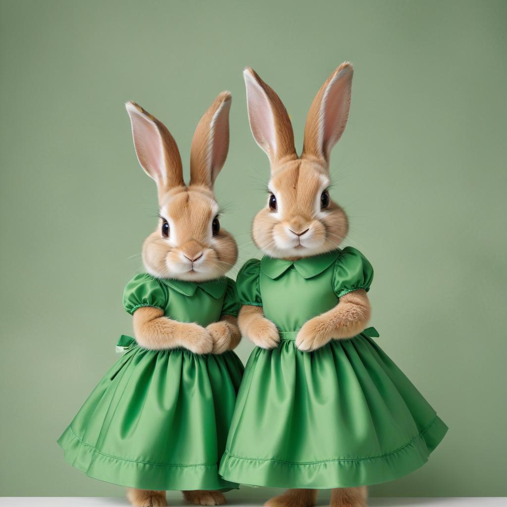 Rabbits in green dresses standing together Rabbits in green dresses standing together