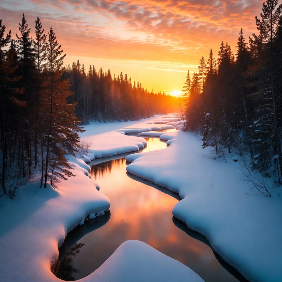 Winter sunset over snowy river bend Winter sunset over snowy river bend