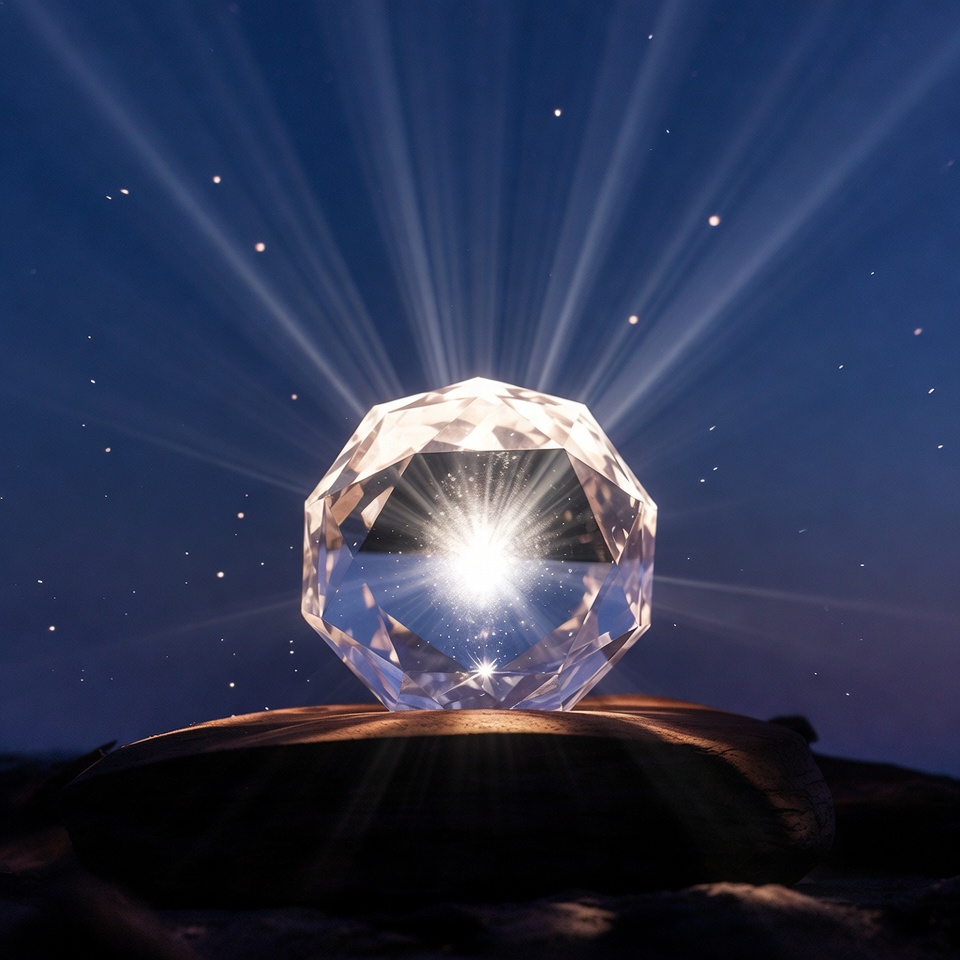 Crystal sphere with light rays in dark sky Crystal sphere with light rays in dark sky