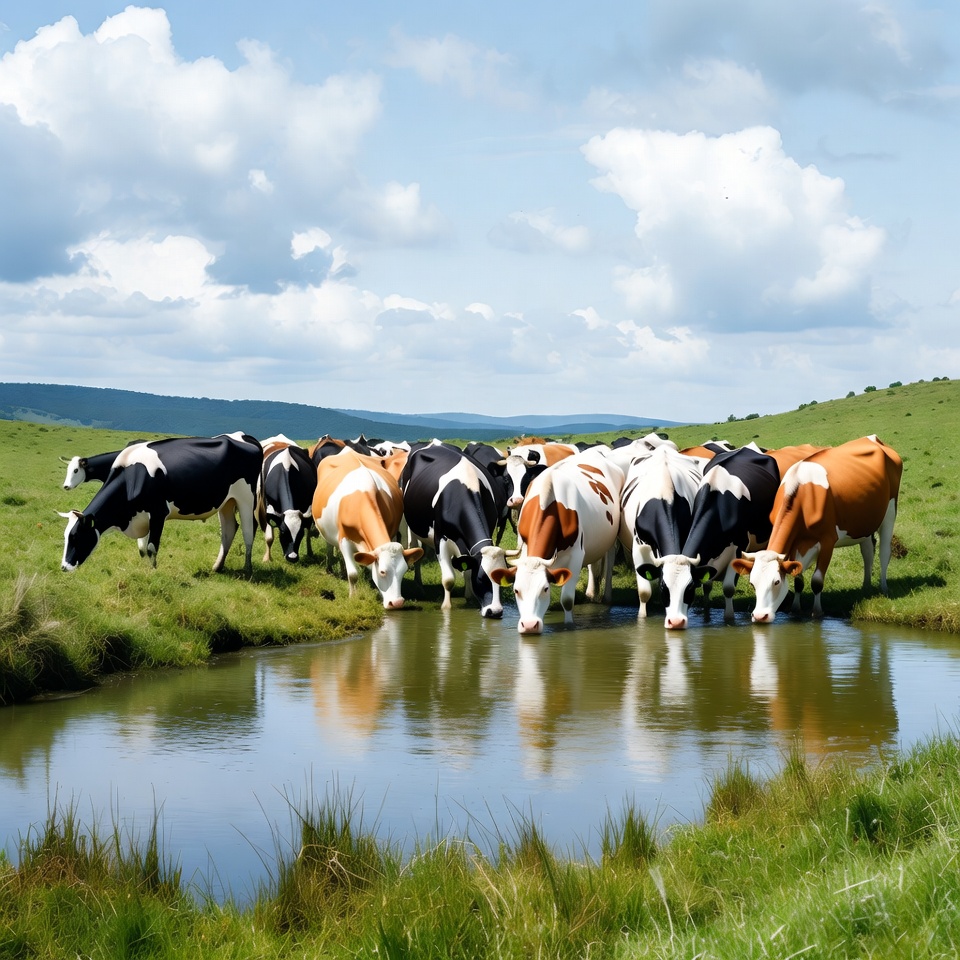 Cows drinking water by pond Cows drinking water by pond