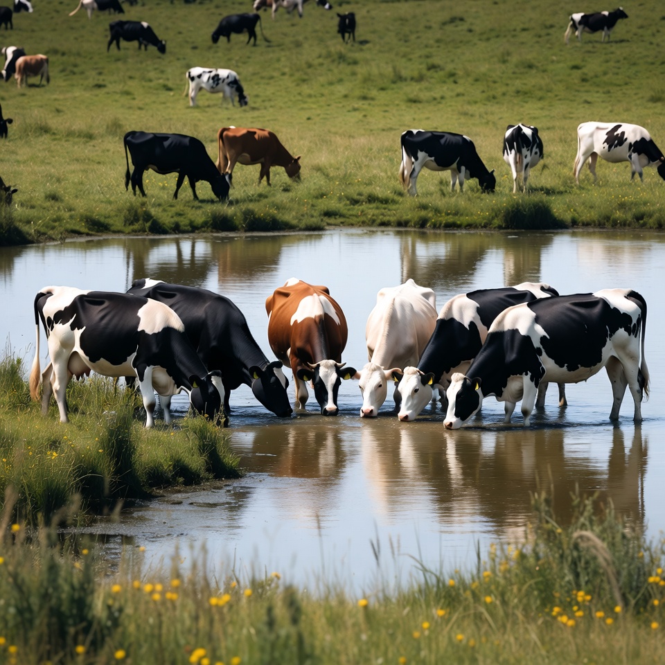Cows drinking water at the pond Cows drinking water at the pond