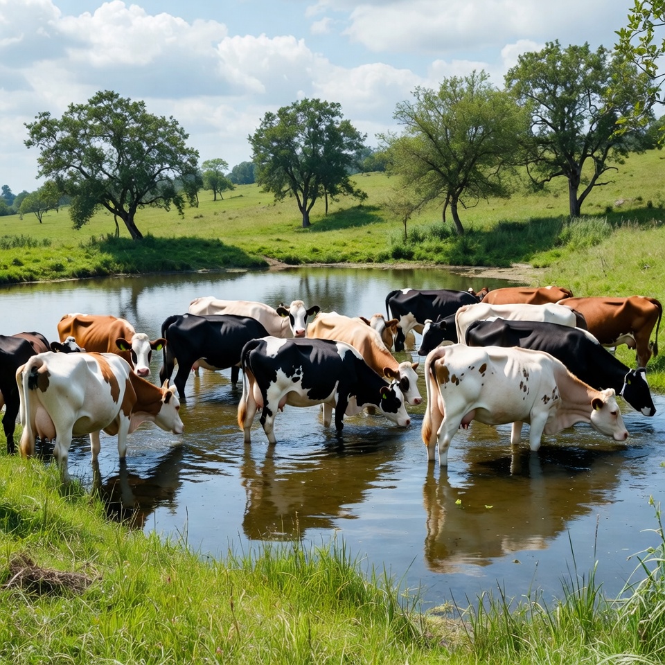 Cows drinking water in field Cows drinking water in field
