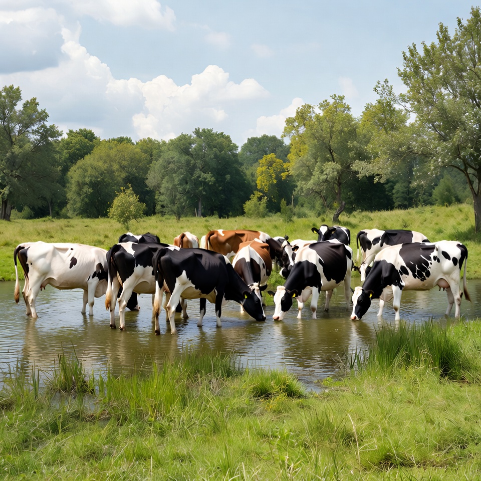 Cows drinking water in a field Cows drinking water in a field