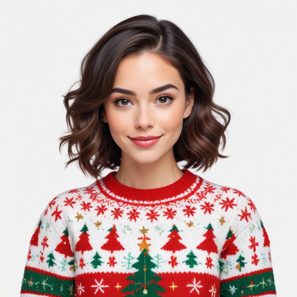 Woman in festive holiday sweater smiling Woman in festive holiday sweater smiling