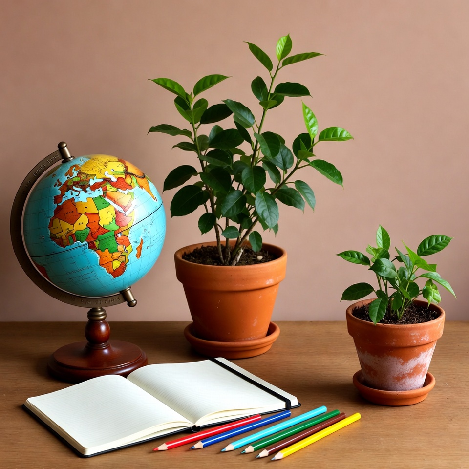 Plants and globe on wooden table Plants and globe on wooden table