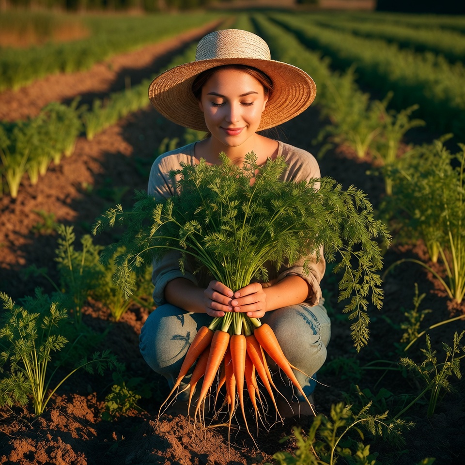 Woman holds carrots in a field Woman holds carrots in a field