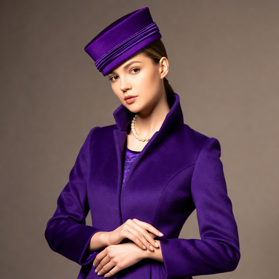 Model in purple uniform posing for camera Model in purple uniform posing for camera