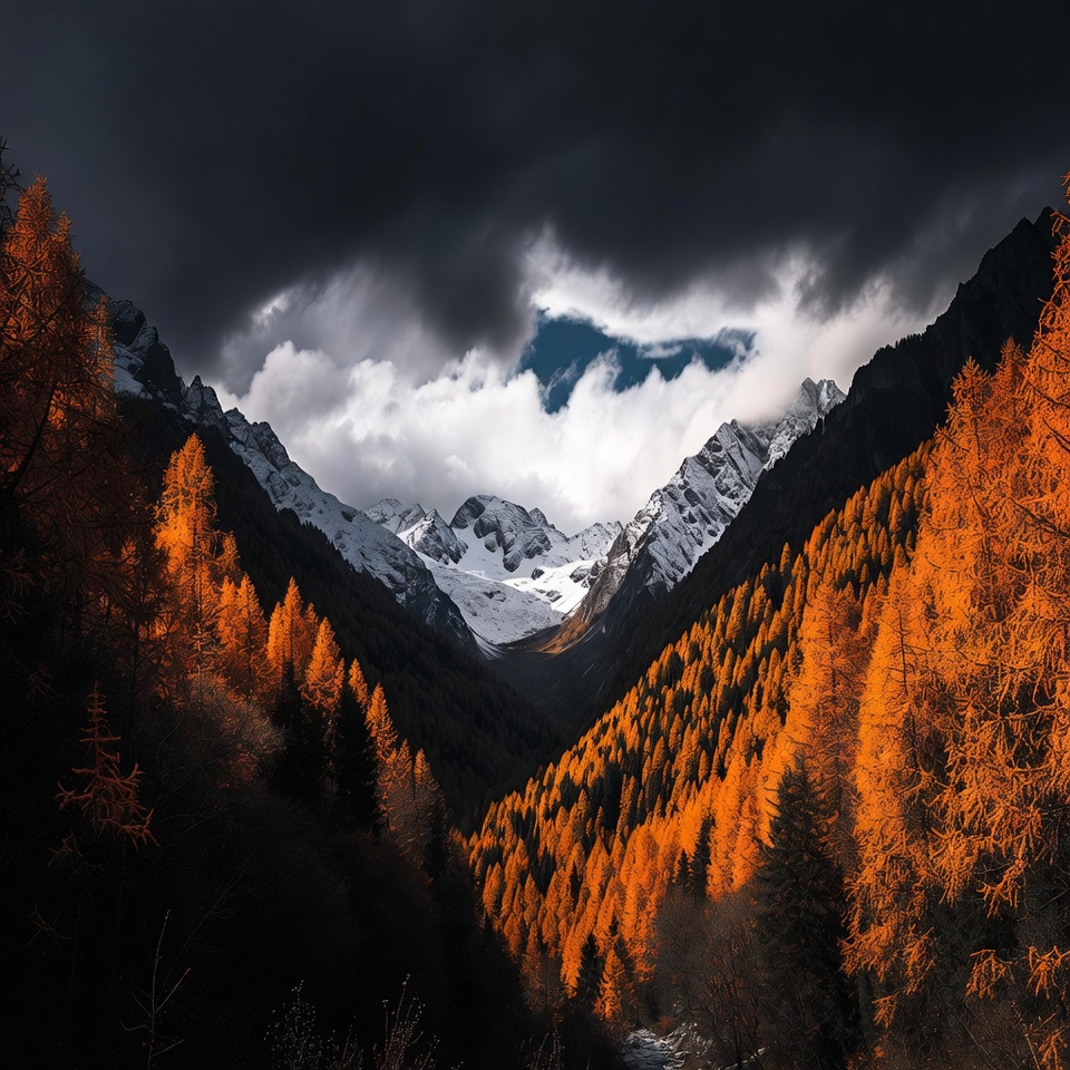 Colorful trees near snowy mountains Colorful trees near snowy mountains