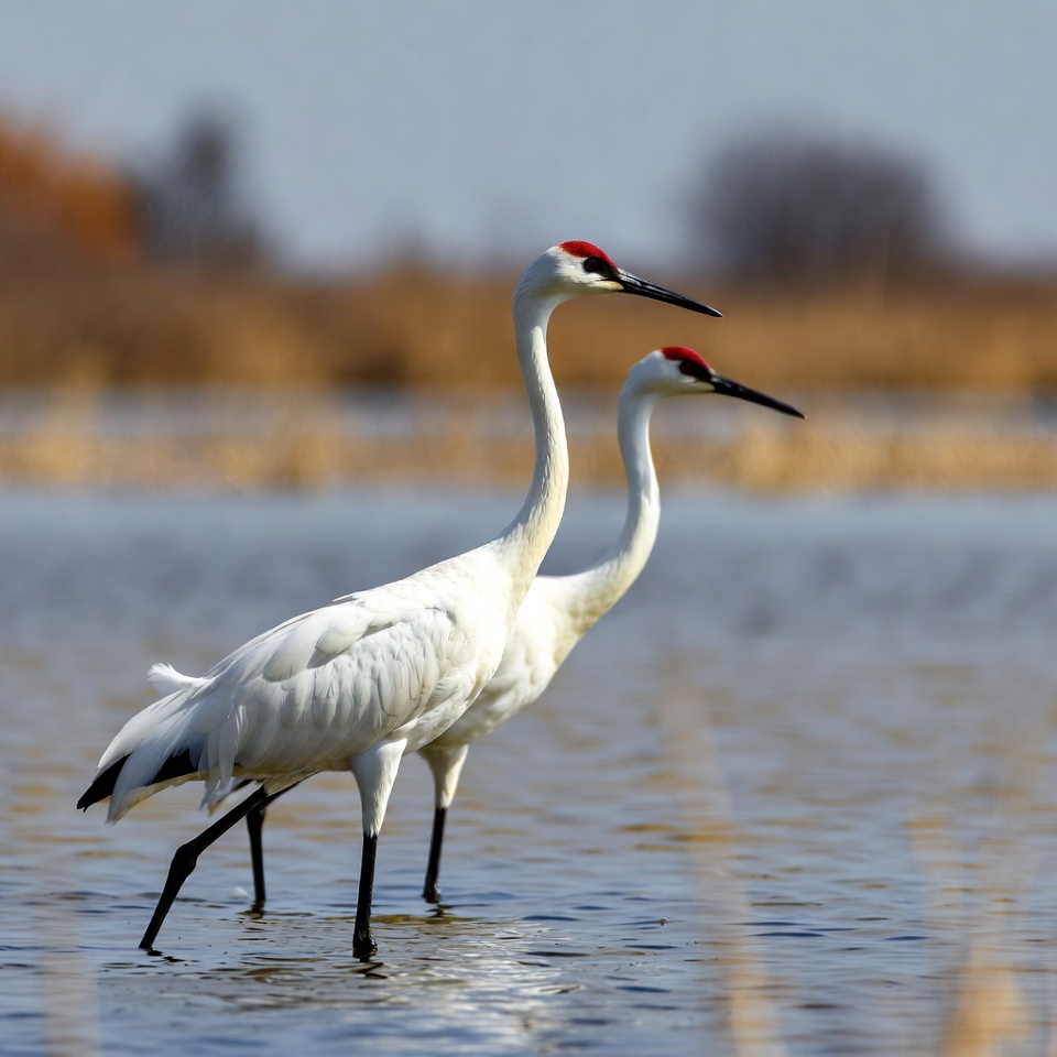 Cranes walking in shallow water Cranes walking in shallow water