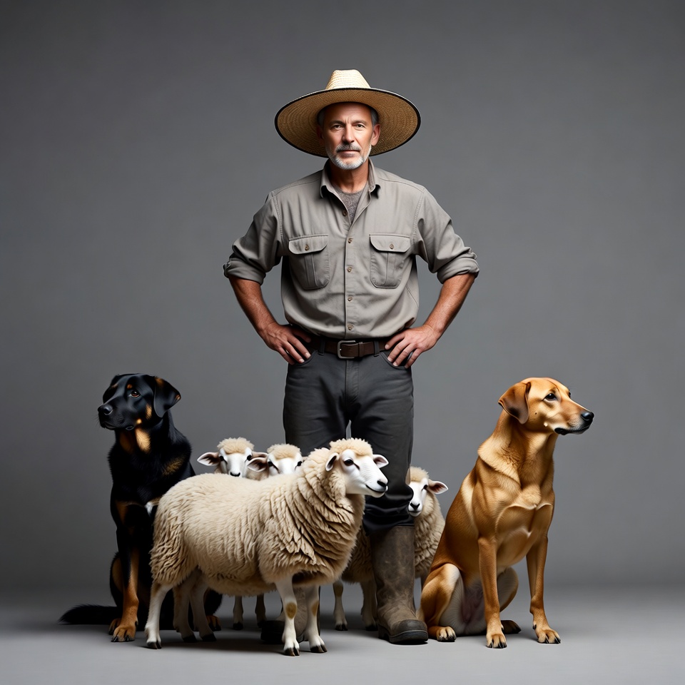 Man with dogs and sheep poses together Man with dogs and sheep poses together