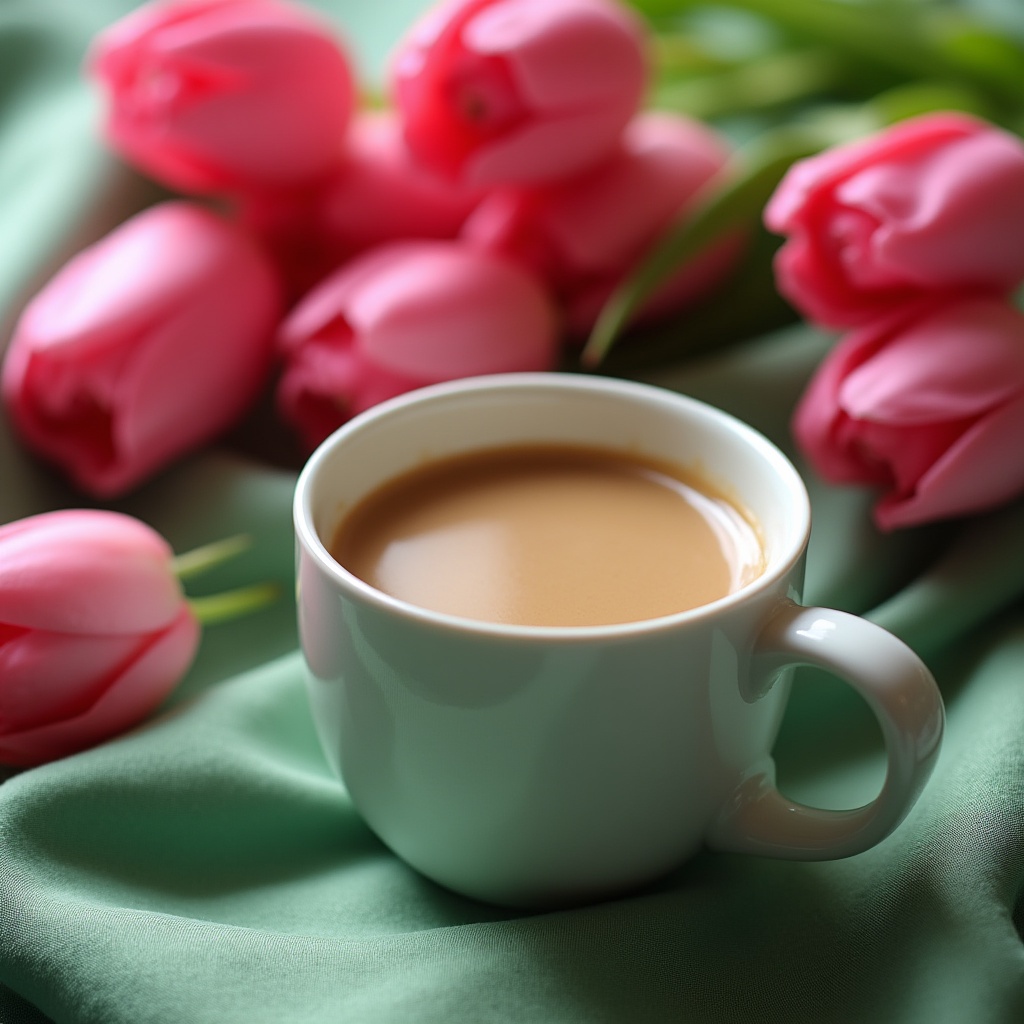 Coffee cup with pink tulips nearby Coffee cup with pink tulips nearby